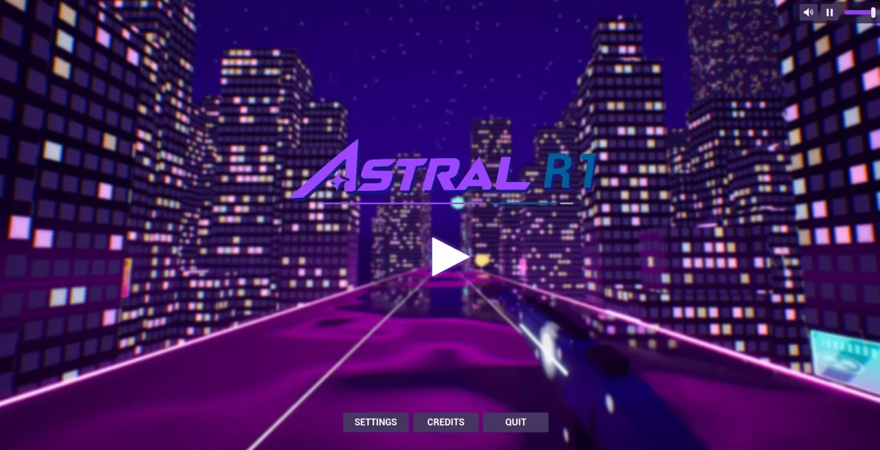 Astral Runshot title screen: a neon city street at night